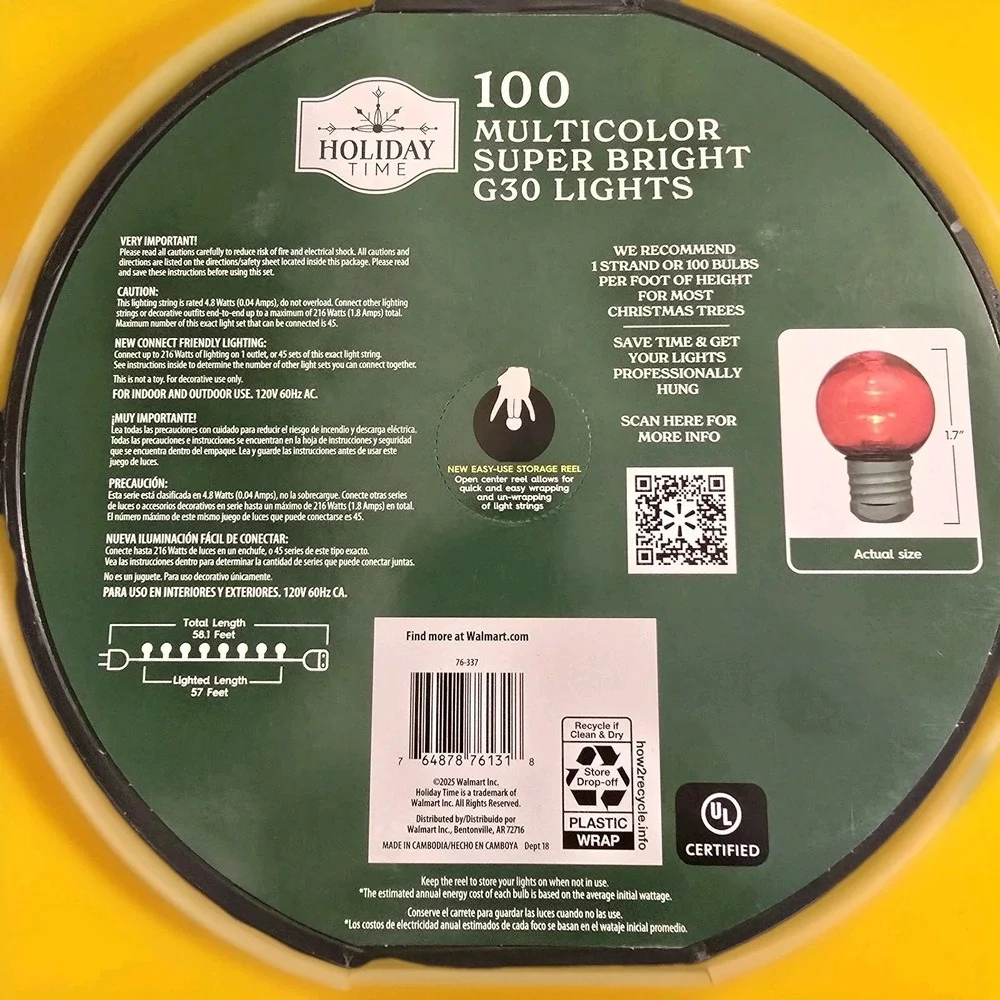 Holiday Time 100 Multicolor Super Bright G30 LED Lights Indoor/Outdoor 57 Feet